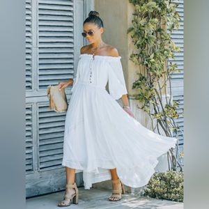 VICI - Style Rack Off The Shoulder Lace Trim Midi Dress, Size M, Whote, High/Low
